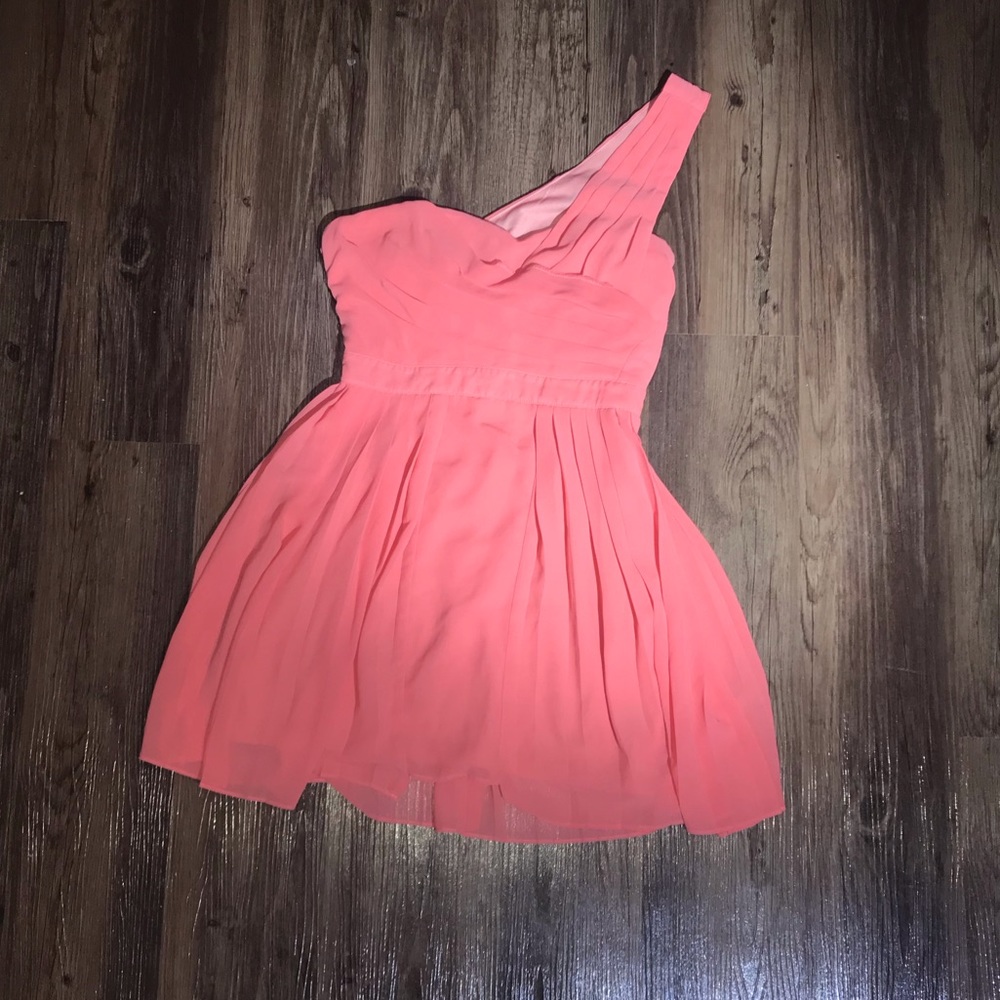 Coral one shoulder bridesmaid dress